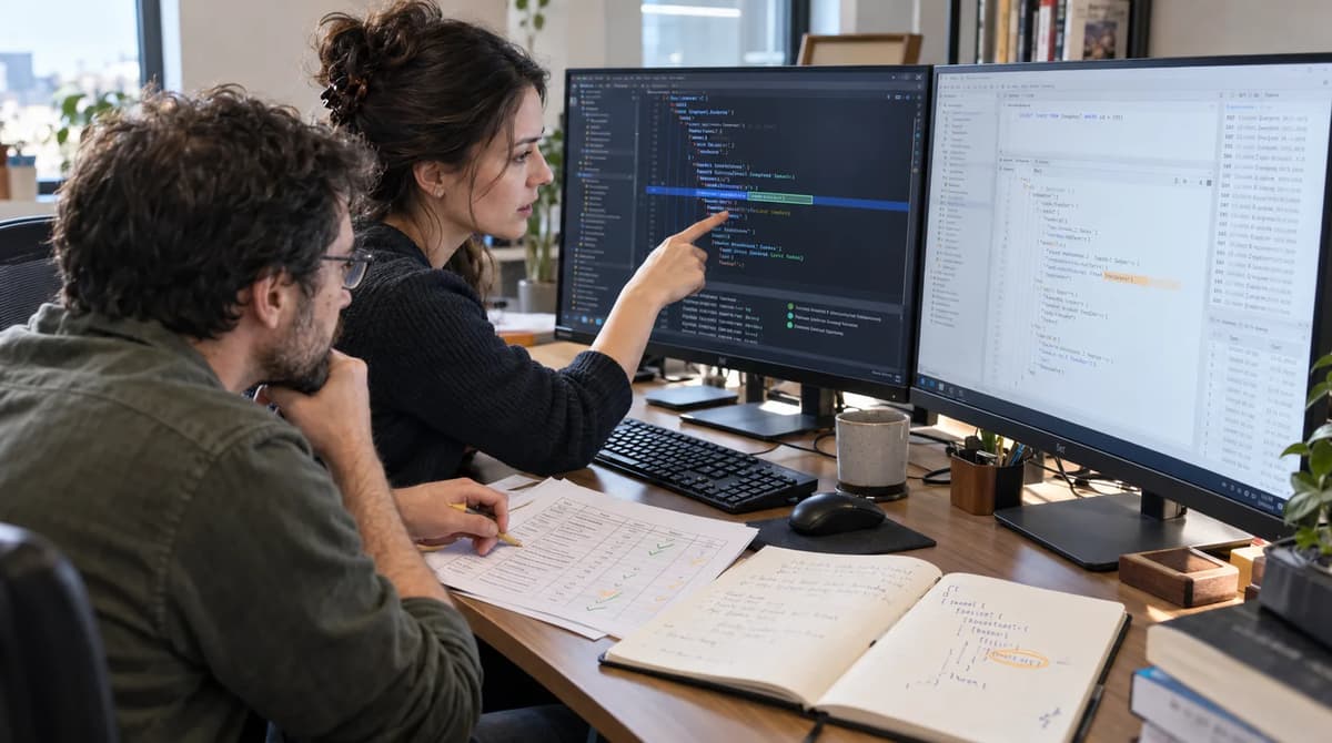 Two engineers comparing Python JSON changes with database query results and reviewing a SQLAlchemy test checklist.
