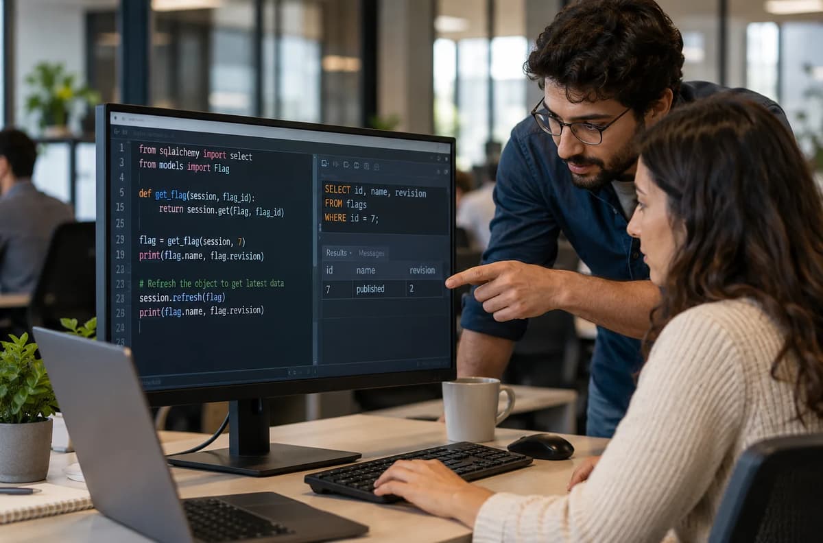 Two backend developers reviewing SQLAlchemy refresh code and stale ORM object results on a monitor in a professional office