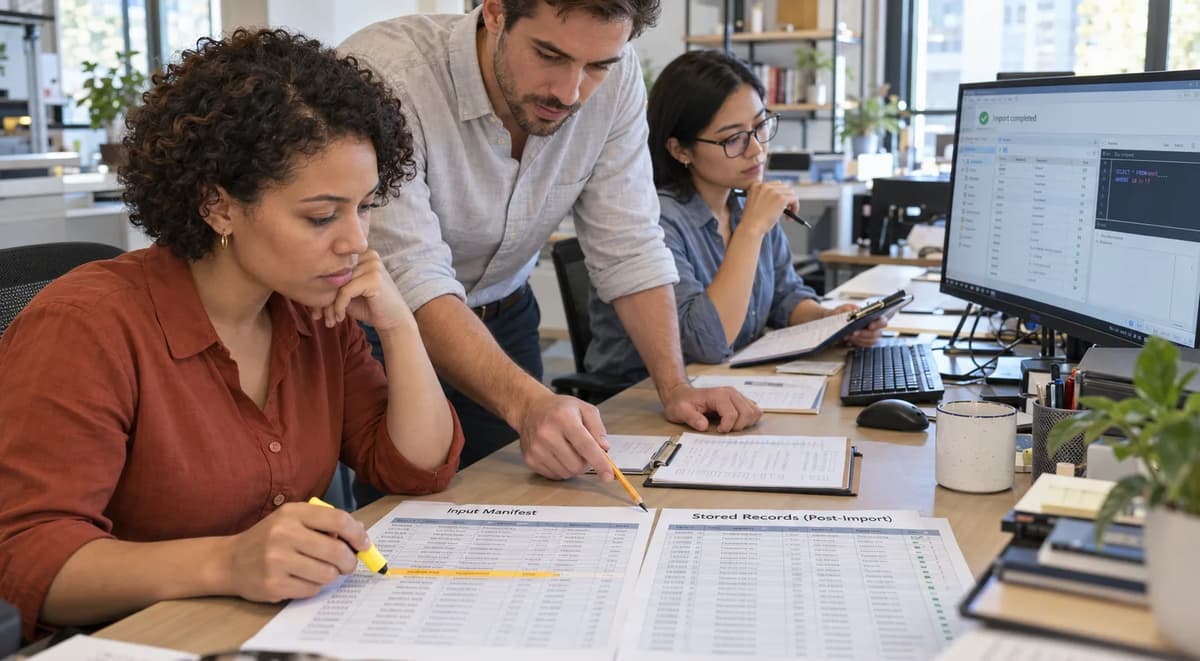 Three developers compare an input manifest with stored database records to investigate missing rows after a SQLite import.