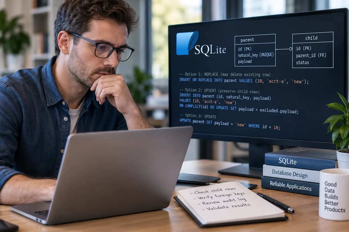 Developer reviewing SQLite database relationships and child-row preservation after a REPLACE or UPSERT operation
