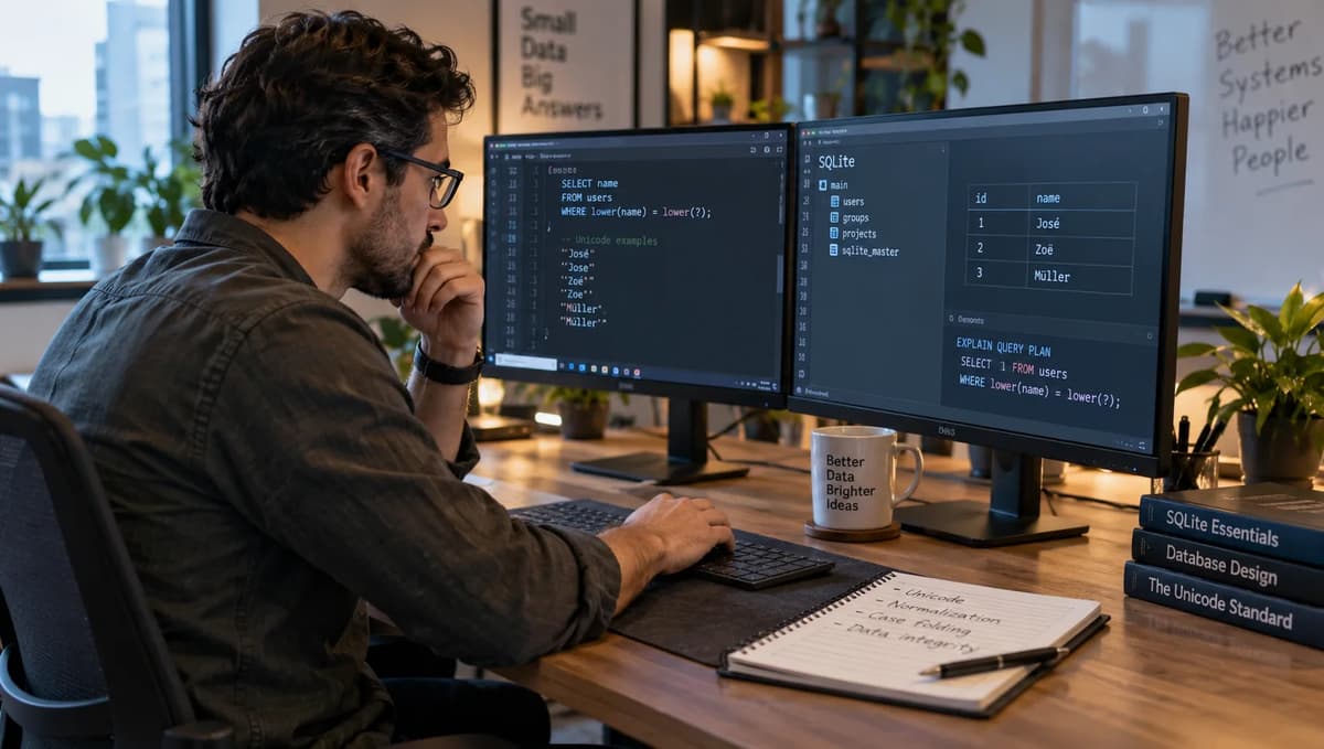 Database engineer validating SQLite Unicode name uniqueness and case-folding rules on dual monitors