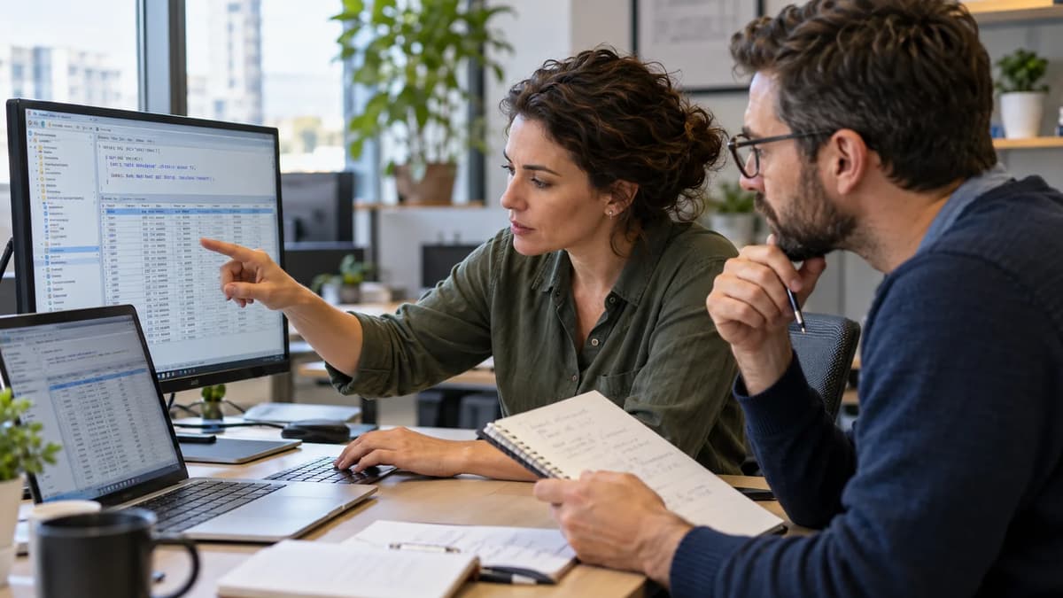 Two database professionals reviewing SQL queries and database records together on a monitor in a modern office.