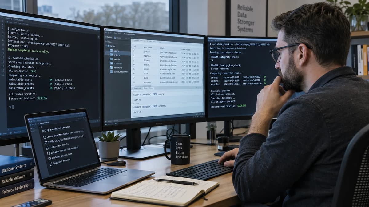 Database engineer validating an SQLite WAL backup and checking restored committed rows on multiple monitors