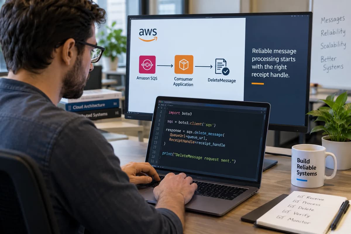 Cloud engineer validating Amazon SQS receipt handles and message deletion behavior on a workstation