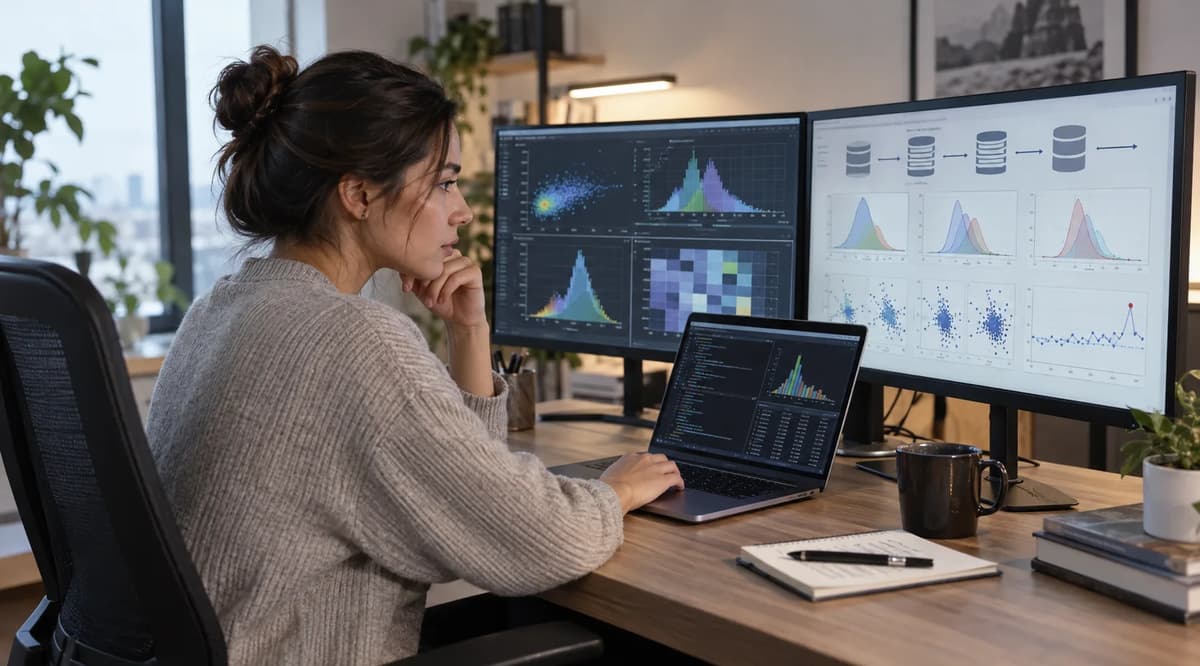 Data scientist reviewing StandardScaler batch replay statistics and validation charts on multiple monitors