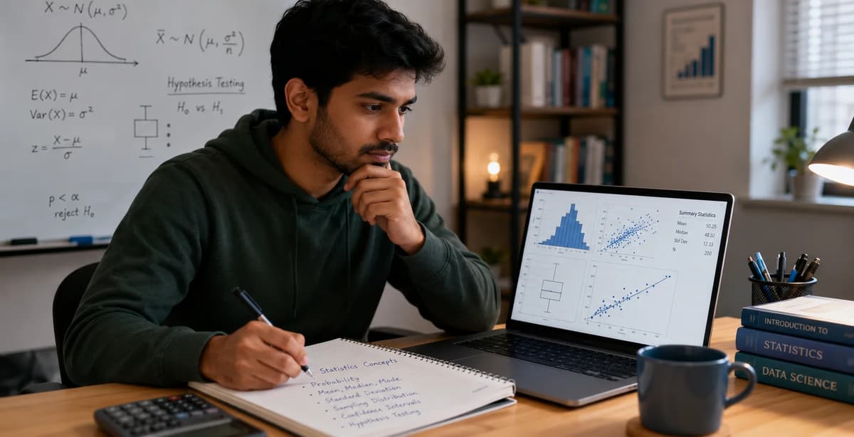 Beginner data science learner reviewing distributions, regression charts, and model evaluation results on a laptop