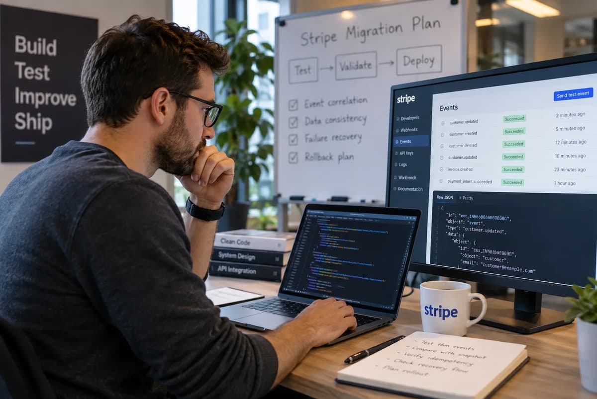 API integration engineer testing Stripe thin and snapshot event migration workflows, correlation, recovery, and rollback