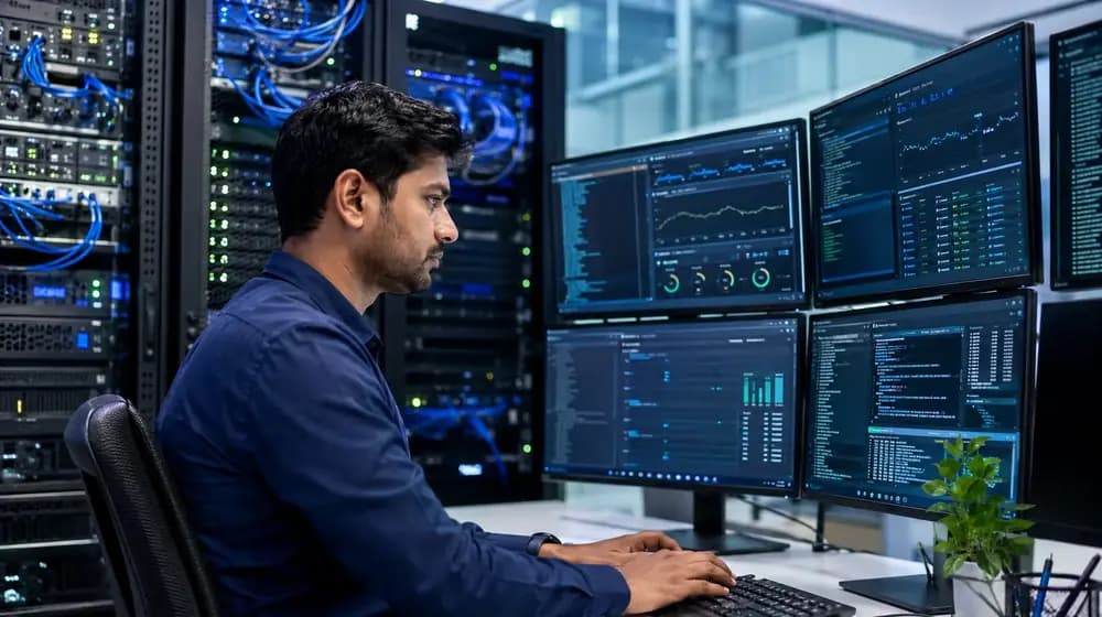 System administrator monitoring servers and infrastructure dashboards in a modern data center