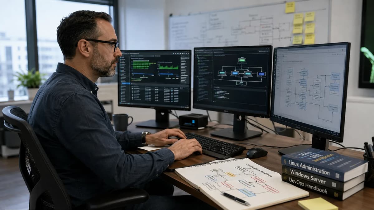 System administrator reviewing Linux server dashboards and a Red Hat certification roadmap at a multi-monitor workstation