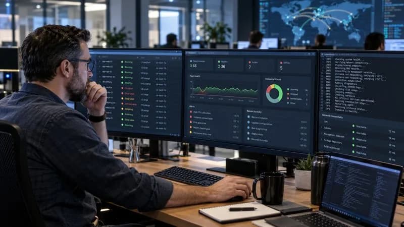 Systems administrator diagnosing unmanaged EC2 instances on cloud operations dashboards