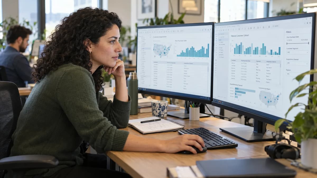 Business intelligence analyst reviewing Tableau filters and customer first-purchase dates on a computer screen.