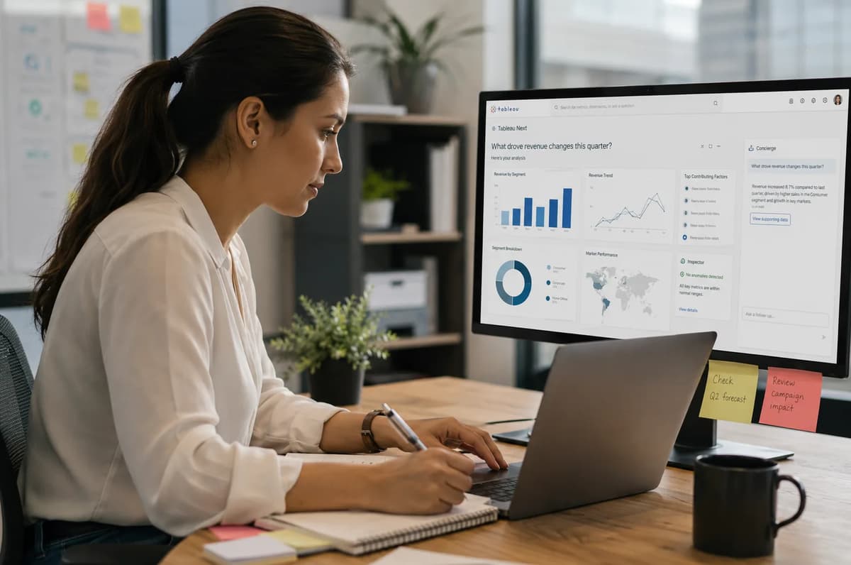 Business analyst reviewing Tableau Next AI agent insights and revenue dashboards on a desktop monitor