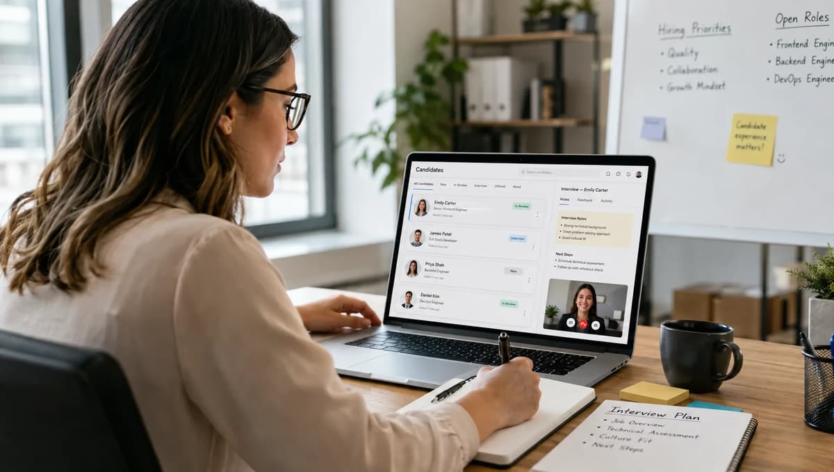 Talent acquisition specialist reviewing technical candidate profiles and interview notes on a laptop