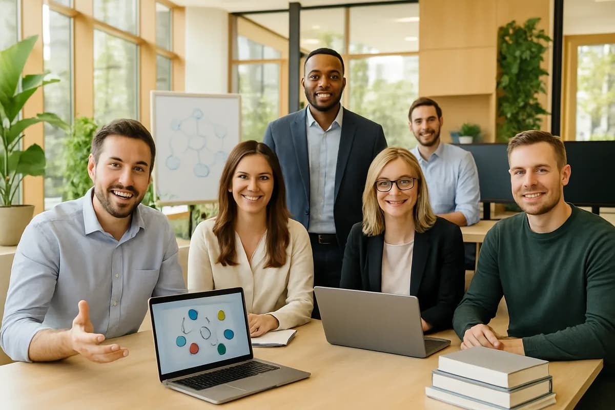 A teacher presenting to a group of corporate professionals in a conference room.