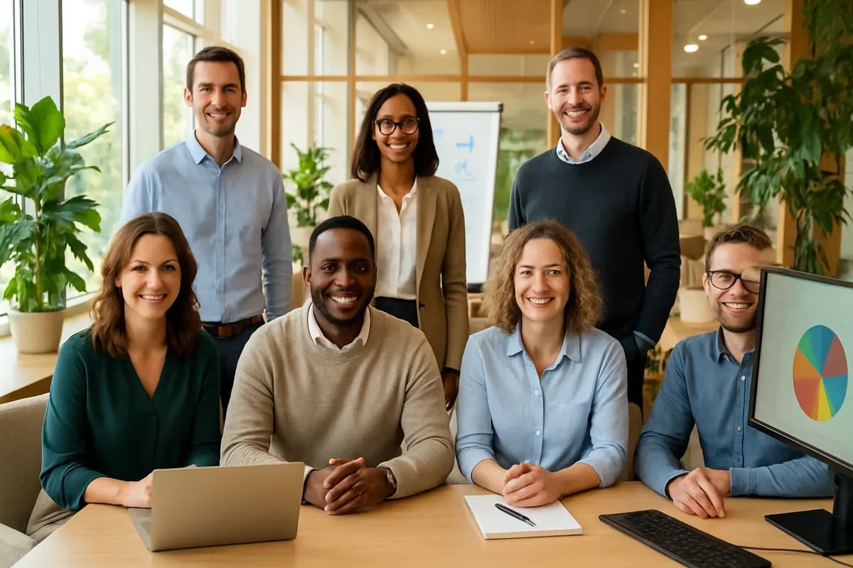 A team brainstorming hiring strategies in a modern office.