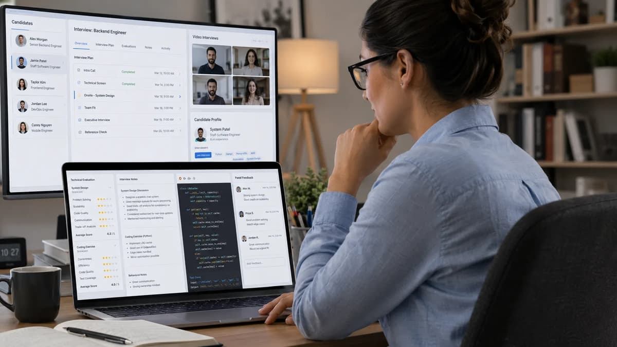 Technical recruiter reviewing AI-generated engineering interview notes and structured candidate scorecards