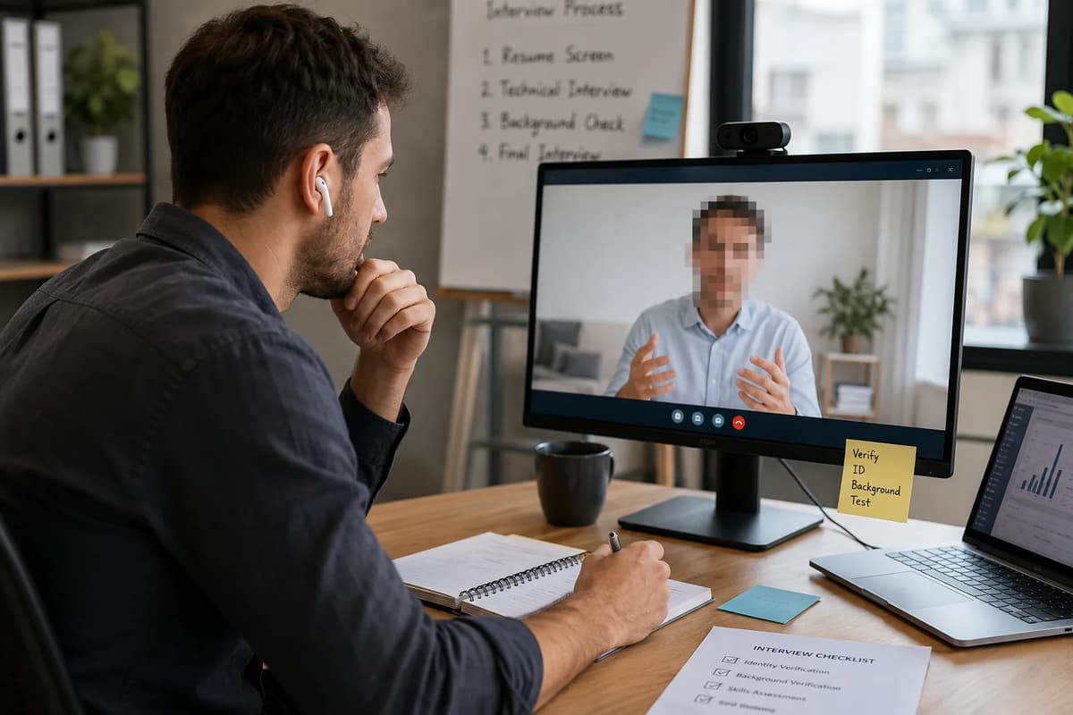 Technical recruiter conducting a remote video interview while reviewing candidate identity verification steps