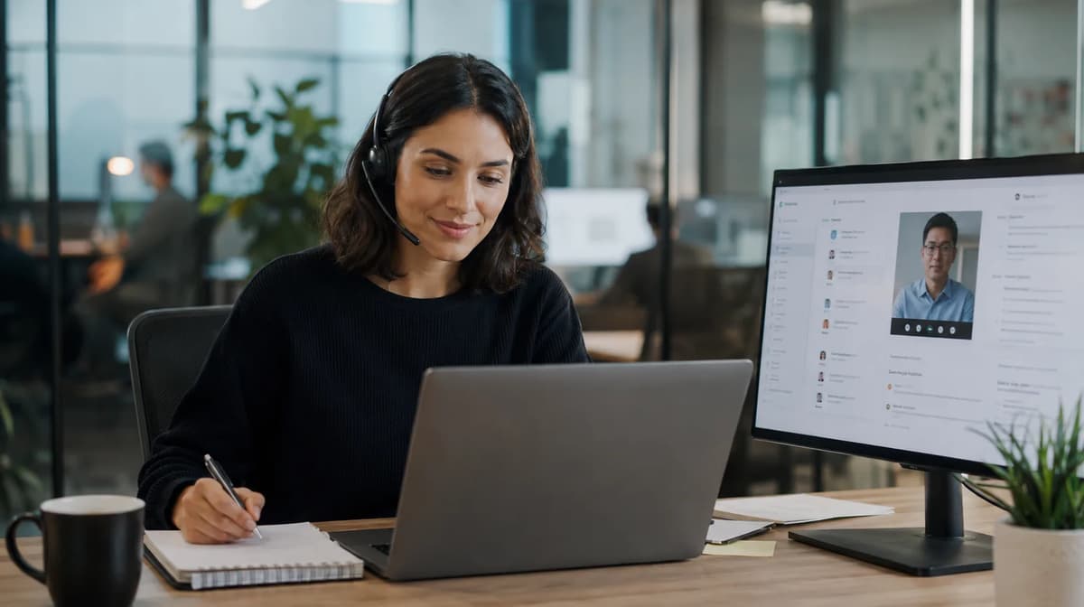 Technical recruiter reviewing candidate profiles and taking notes during a video interview in a modern office