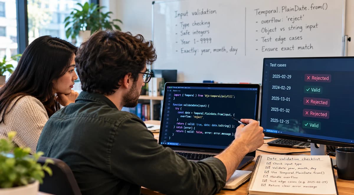 Two JavaScript developers reviewing Temporal.PlainDate.from validation tests for accepted and rejected date inputs