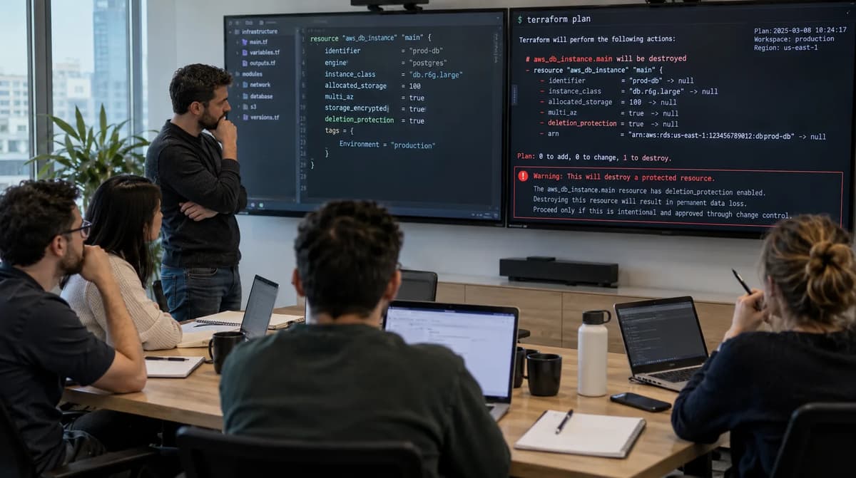 DevOps engineers reviewing a Terraform plan that proposes deleting a protected infrastructure resource.