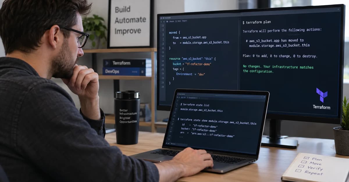 DevOps engineer reviewing Terraform moved block evidence to verify resource identity continuity