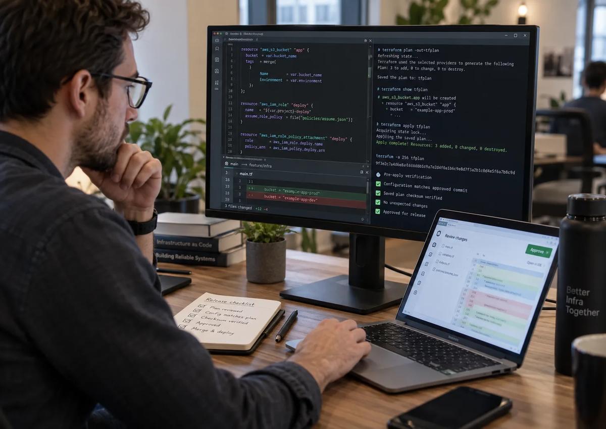 DevOps engineer verifying a Terraform saved plan against the approved configuration before deployment
