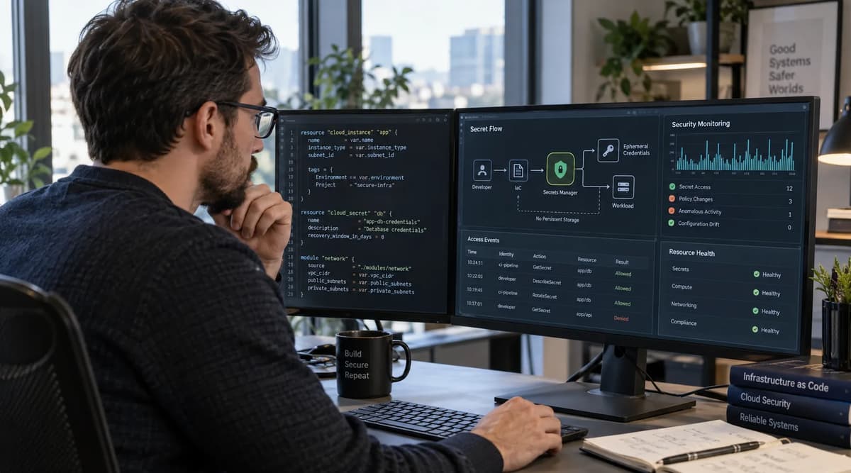 Cloud security engineer reviewing Terraform code, ephemeral credential flows, and secret-monitoring dashboards at a dual-screen workstation