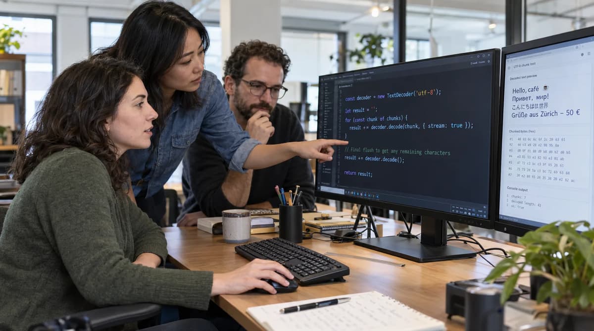 Three developers reviewing JavaScript TextDecoder code and UTF-8 test results on dual desktop monitors.
