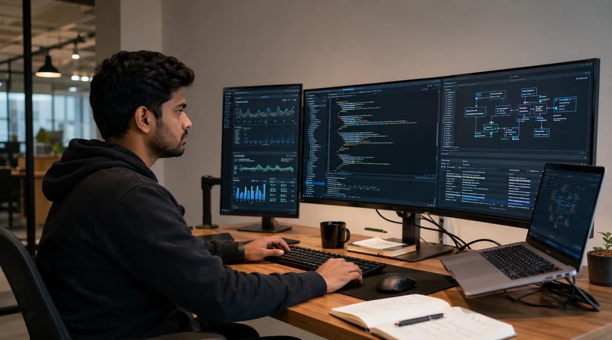 Backend engineer reviewing code, API architecture, database activity, and observability dashboards at a multi-monitor workstation