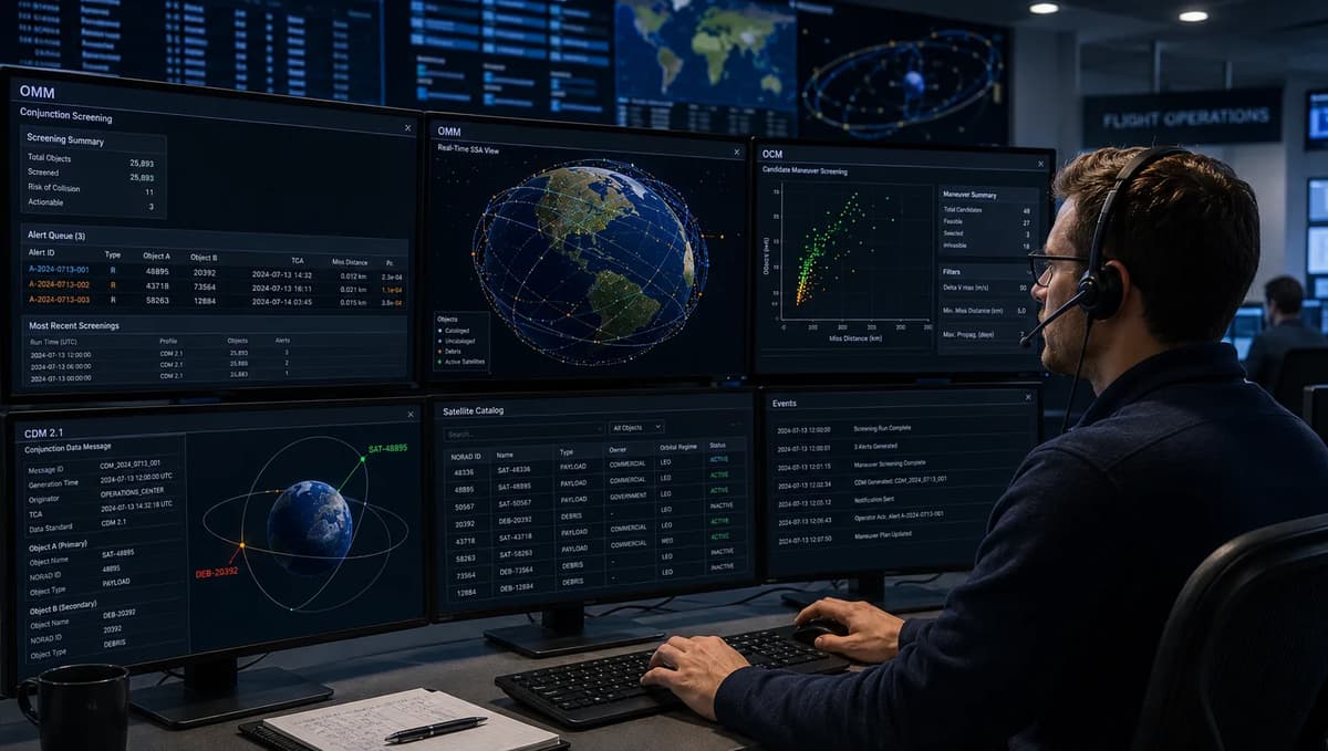 Satellite operations engineer monitoring TraCSS conjunction screening, CDM 2.1 alerts, and candidate maneuvers in a mission control center
