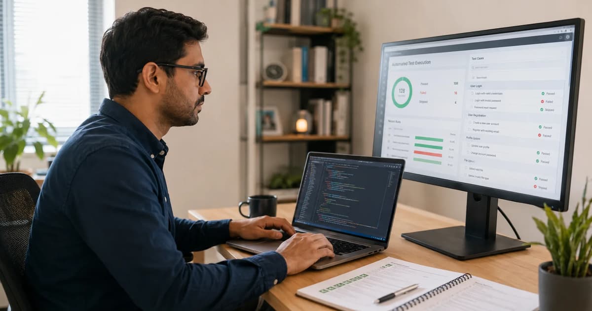 QA engineer transitioning from manual testing to automation while reviewing test scripts and automated test results at work