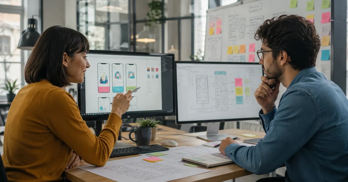 UI designer and UX designer collaborating on interface mockups, wireframes, and user flows in a modern office