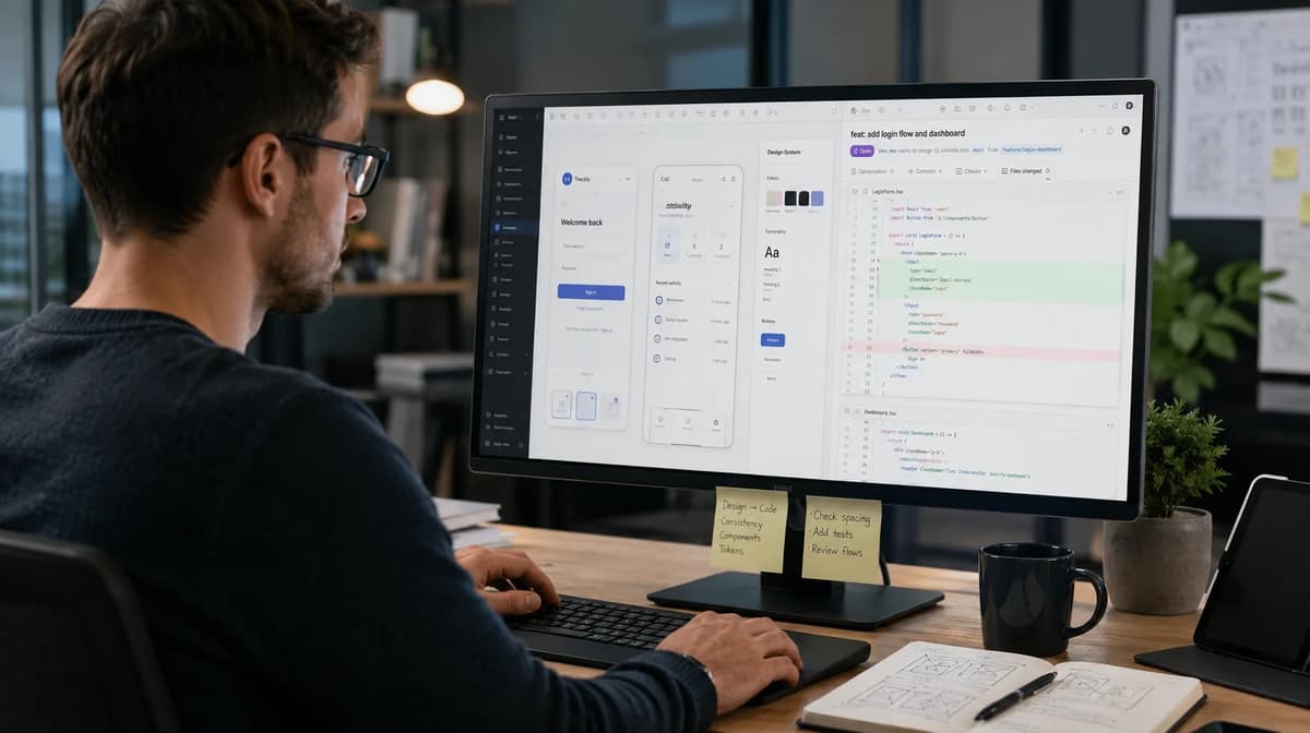 UI/UX designer using AI design-to-code tools to review interface components and production code