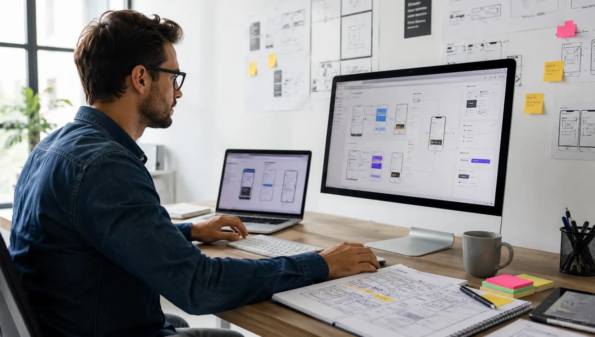 UI/UX designer comparing Figma, Sketch, and Adobe XD workflows on desktop screens in a modern office