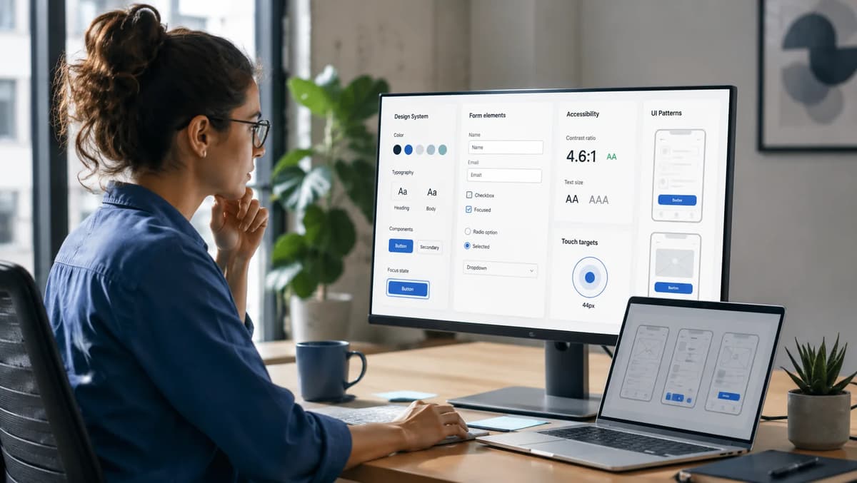 UI/UX designer reviewing color contrast, focus states, form elements, and accessible touch targets on digital interfaces