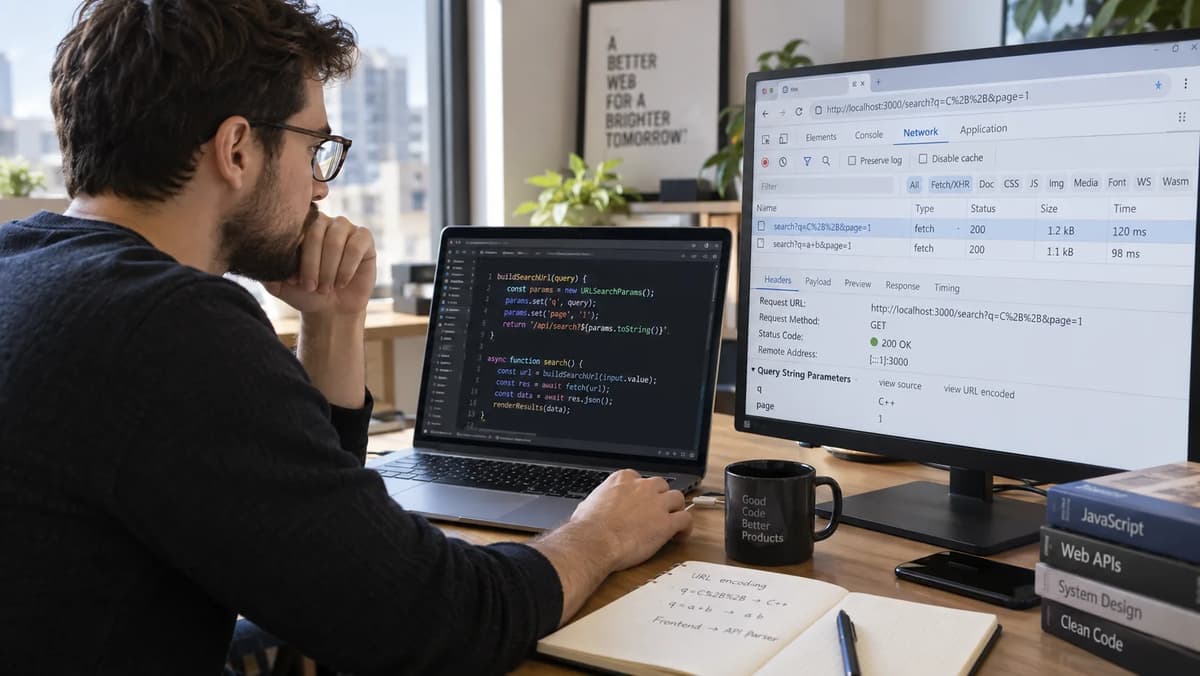 Frontend developer debugging URLSearchParams query encoding and literal plus-sign handling in browser developer tools