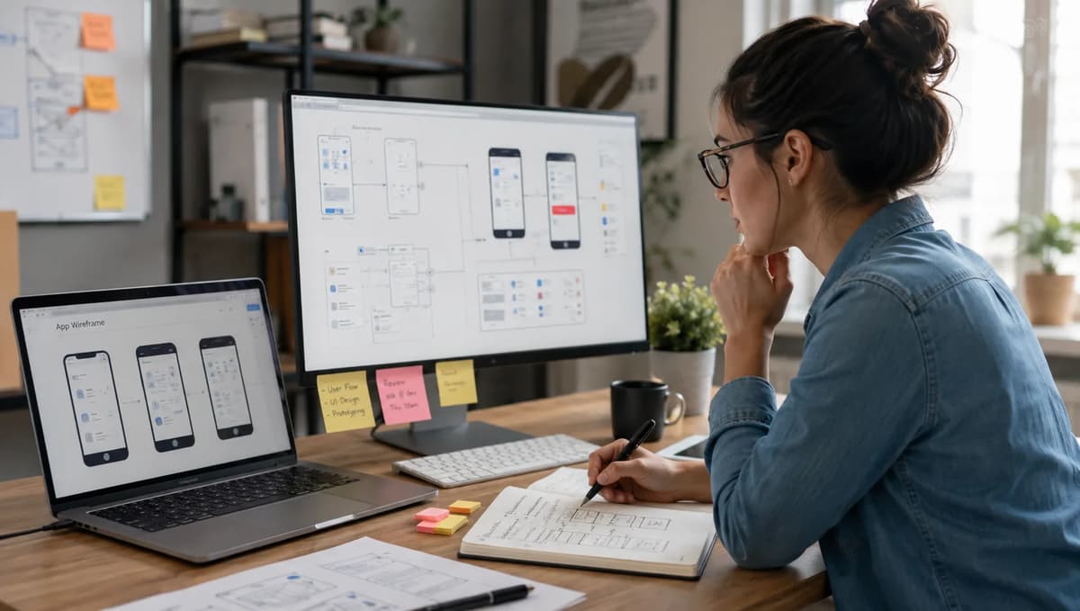 UI/UX designer reviewing wireframes and user flows while building a professional UX portfolio