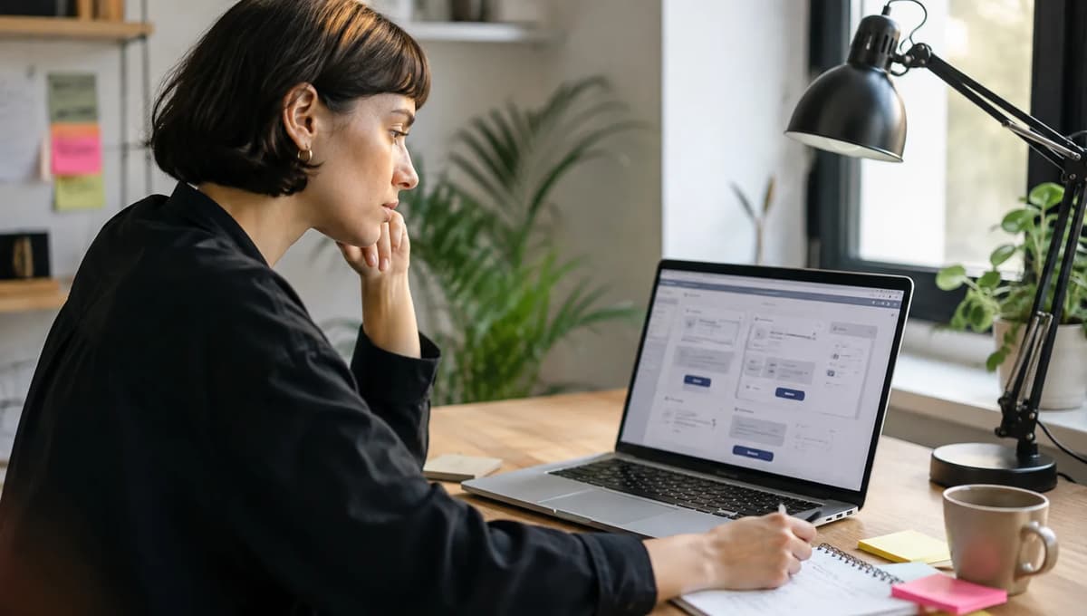 Content designer reviewing UX copy and product interface wireframes on a laptop
