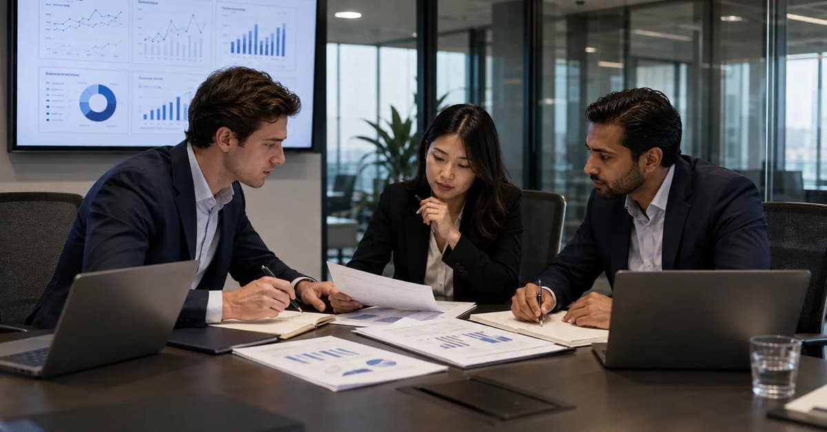 Venture capital team reviewing startup investment data, financial charts, and due diligence documents in a modern office.