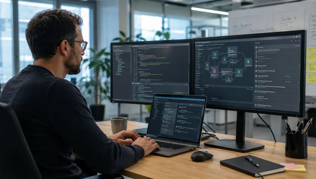 Full-stack developer working with AI agent workflows and code across multiple screens