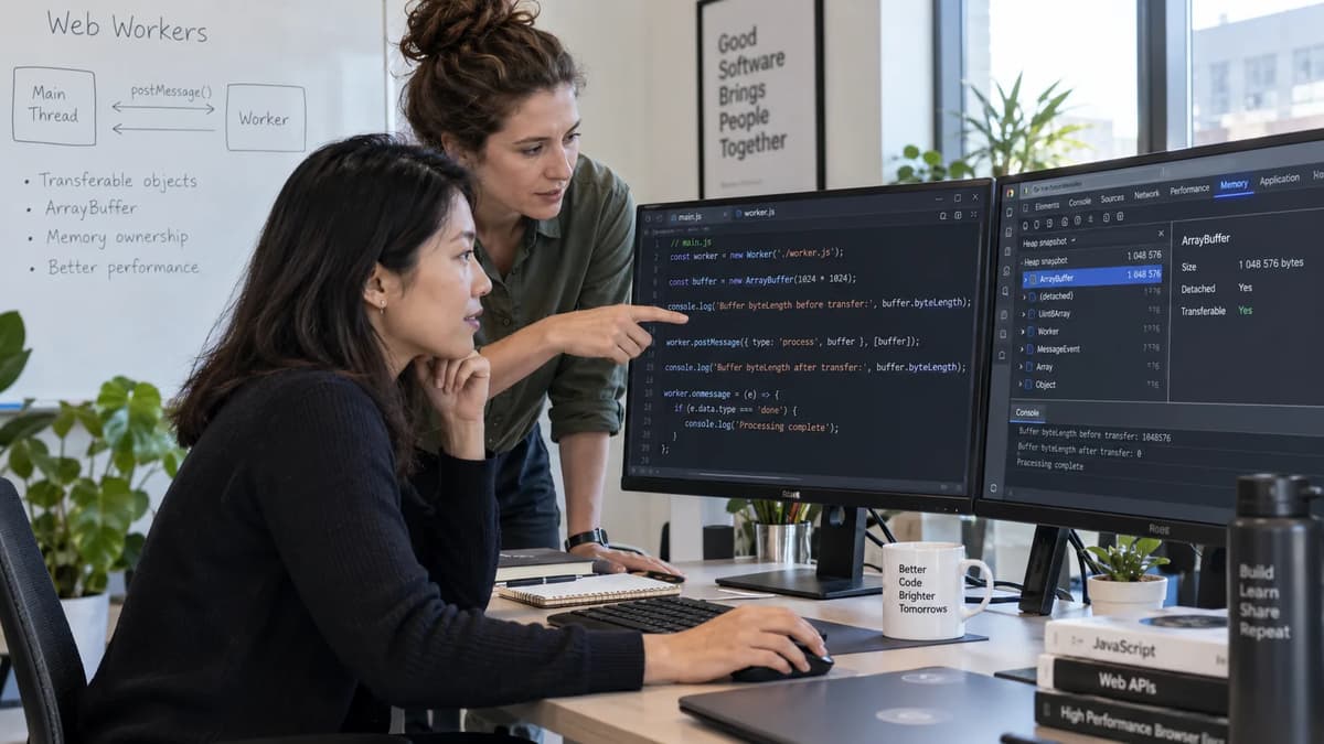 Frontend developer debugging Web Worker ArrayBuffer transfer and memory ownership in a browser application