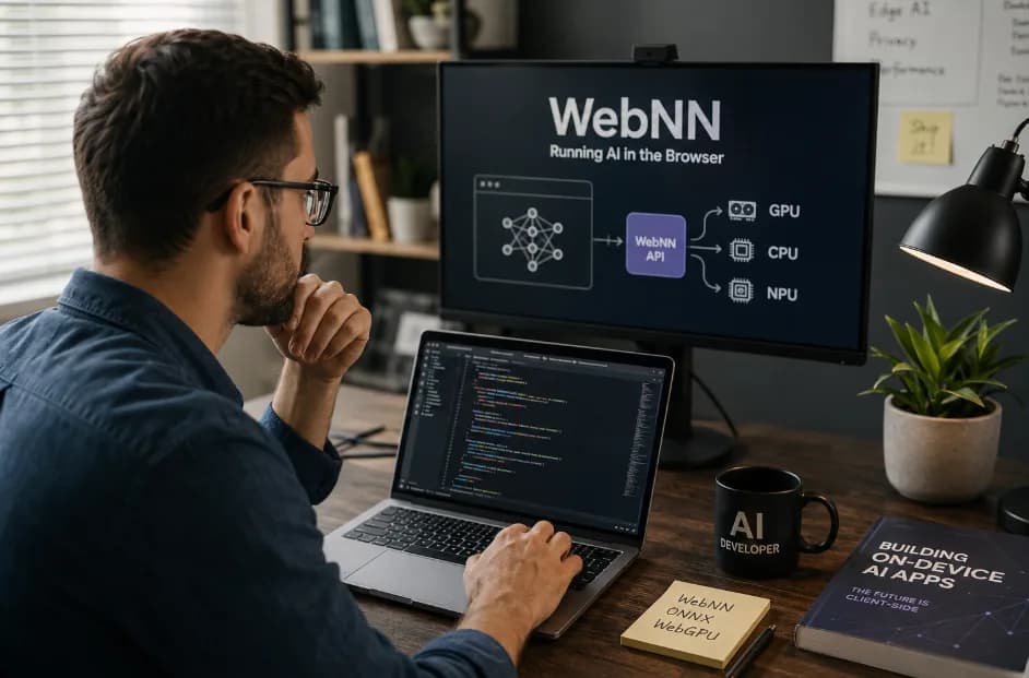 AI developer testing WebNN browser inference on a laptop with CPU, GPU, and NPU acceleration displayed on a monitor.