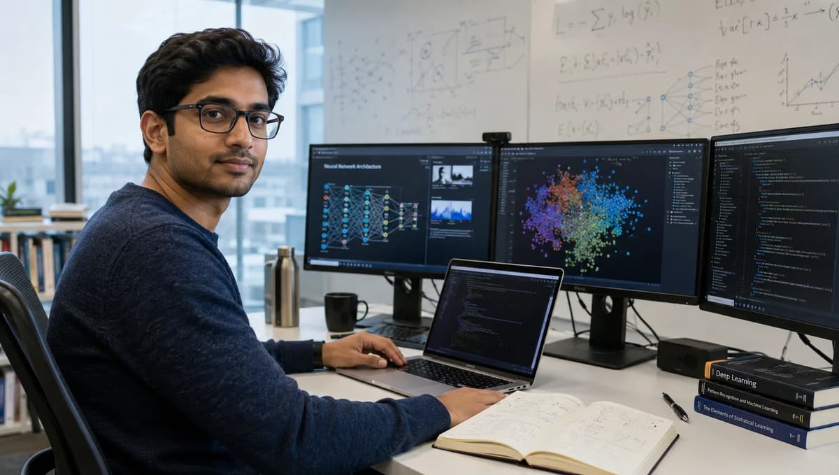 AI research scientist analyzing machine learning models and code at a modern workstation
