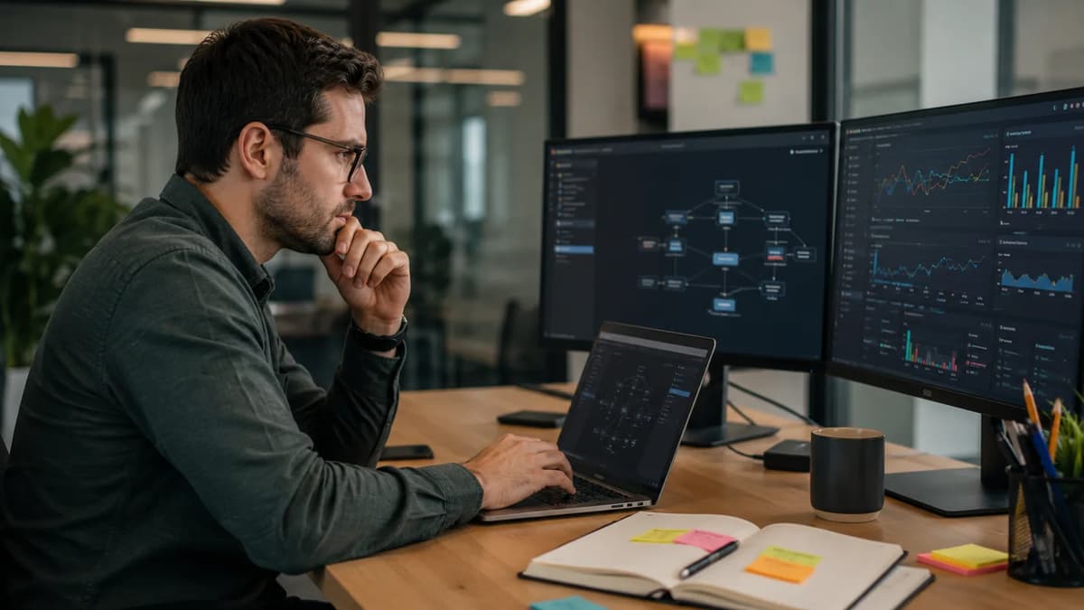 Chaos engineer analyzing system resilience dashboards during a controlled failure experiment in a modern office
