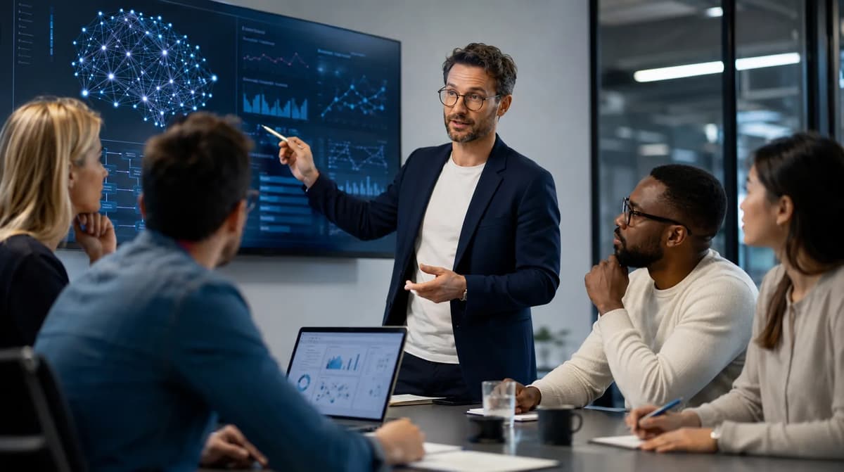 AI consultant presenting AI strategy and data insights to a business team in a modern office