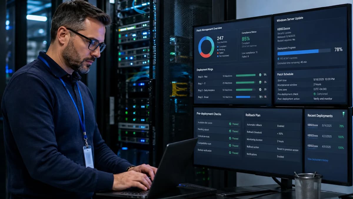 Systems administrator managing a Windows Server Hotpatch rollout and monitoring patch compliance in a data center