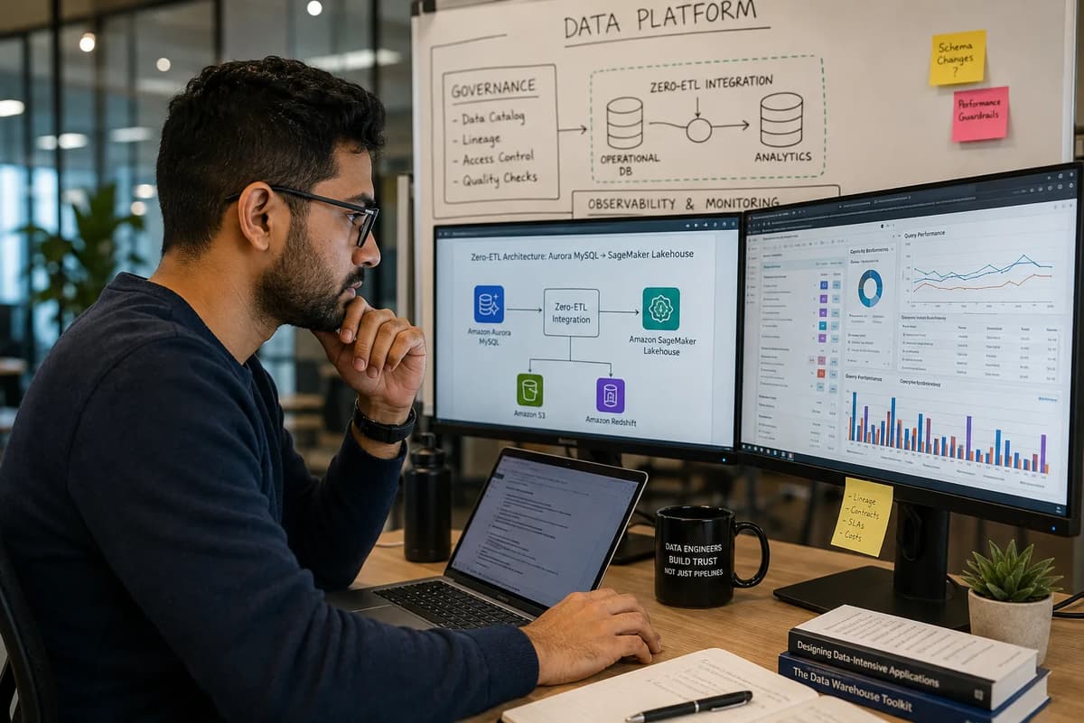 Data engineer analyzing a Zero-ETL architecture and query performance dashboards at a modern office workstation.