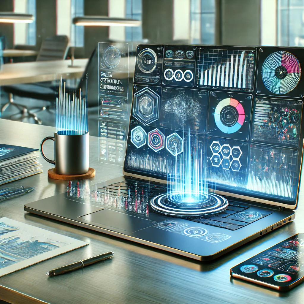 A modern workspace with a laptop displaying an interactive Business Intelligence (BI) dashboard featuring colorful charts, graphs, and data visualizations. Business reports and a digital tablet with analytics tools surround the workspace, emphasizing data-driven decision-making.