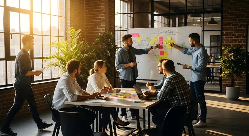 Project management 2026 strategy meeting with diverse business professionals collaborating in modern office, agile team planning roadmap on whiteboard with sticky notes, real human project managers leading digital transformation at Refonte Learning