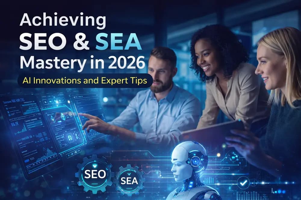 Three digital marketers collaborating on SEO and SEA strategies using futuristic AI dashboards in a modern office, with a robotic AI assistant.